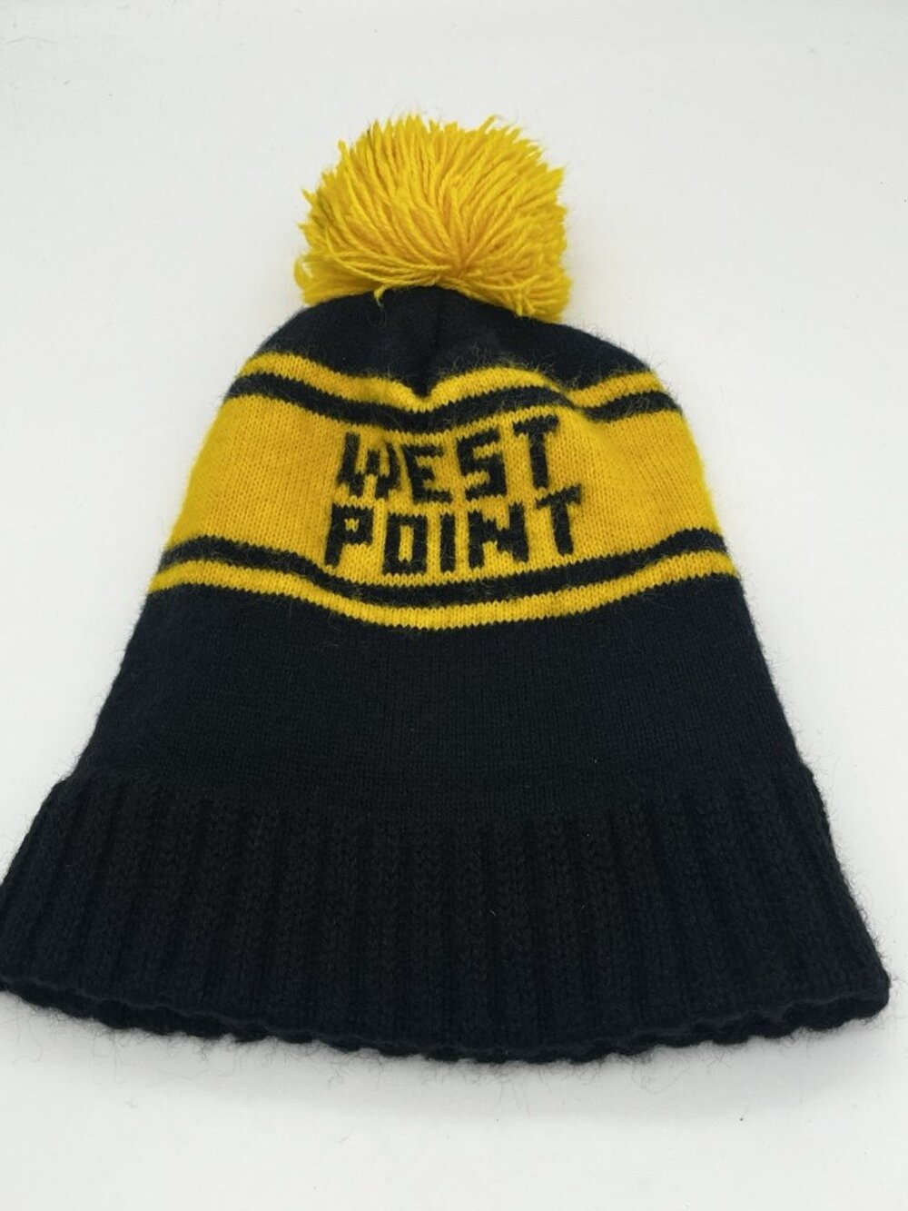 Vintage West Point Acrylic Hat Cap Knit Pompom Ski Winter Black Yellow